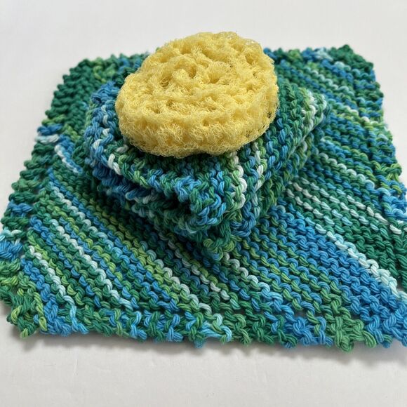 Hand Knit Dish Cloth Set of 2 Plus Scrubbie 100% Cotton Multicolor Green Yellow - Picture 7 of 7